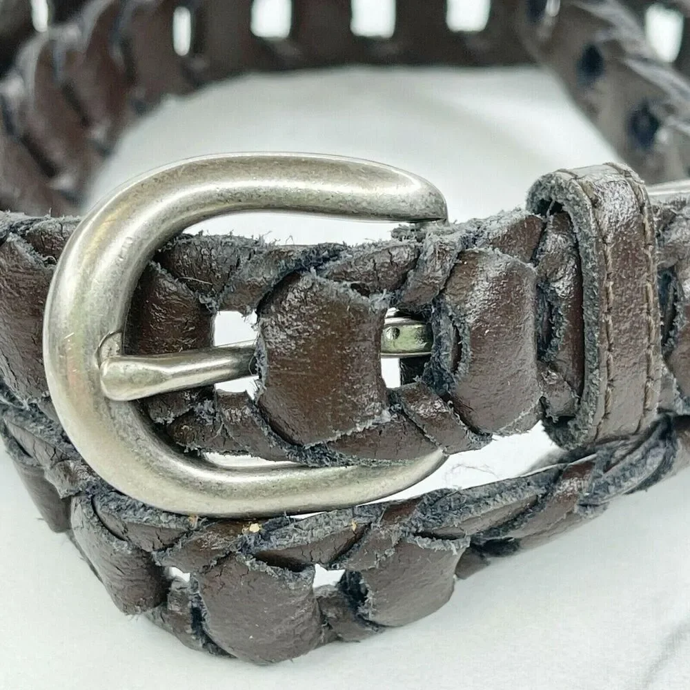 Vintage Brown Woven Leather Belt Silver Buckle Medium (M) ✨